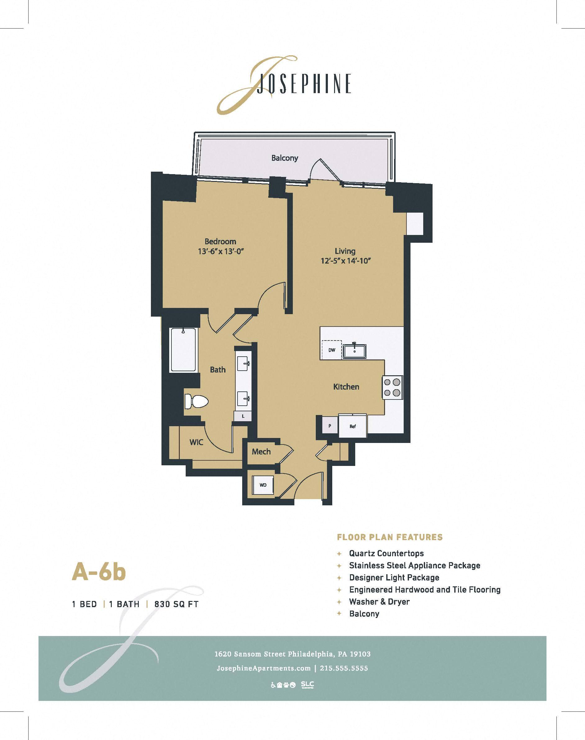 Floor plan for 1 bed, 1 bath, 830 sqft