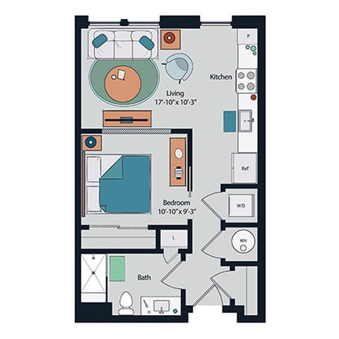 Floor plan for studio, 1 bath, 572 sqft