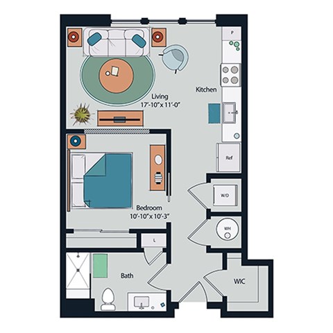 Floor plan for studio, 1 bath, 647 sqft
