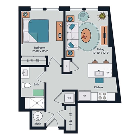 Floor plan for studio, 1 bath, 696 sqft