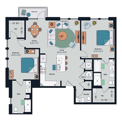 Floor plan for 2 beds, 2.5 baths, 1508 sqft