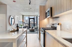 Chicago apartment for rent - a kitchen with a counter top and a stove and a microwave
