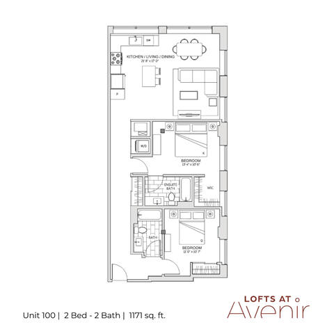 Floor plan for 2 beds, 2 baths, 1171 sqft