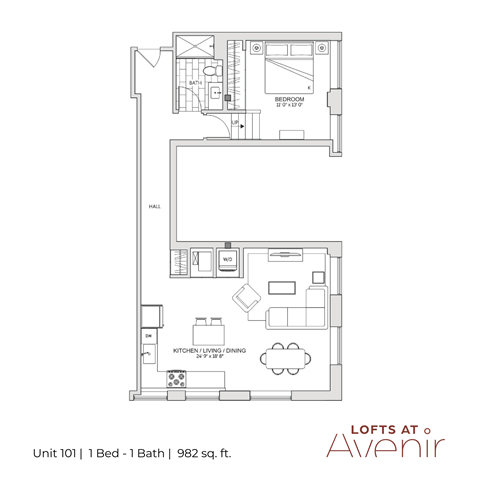 Floor plan for 1 bed, 1 bath, 982 sqft