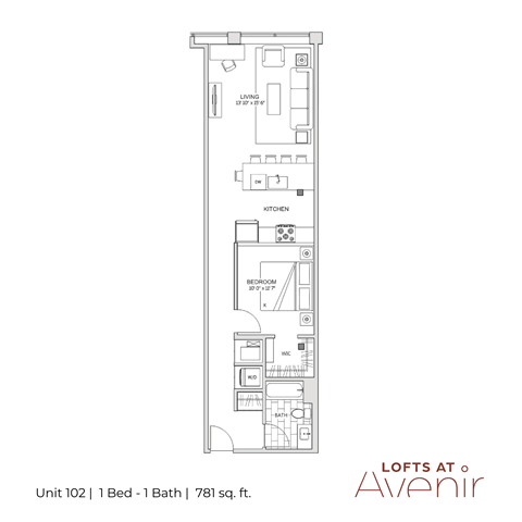 Floor plan for 1 bed, 1 bath, 781 sqft