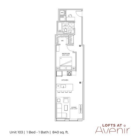 Floor plan for 1 bed, 1 bath, 840 sqft
