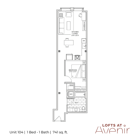 Floor plan for 1 bed, 1 bath
