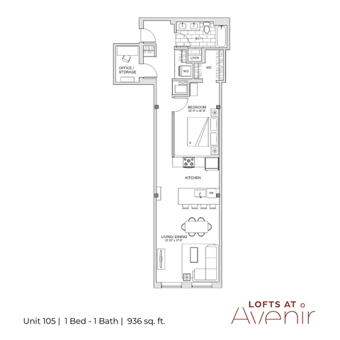 Floor plan for 1 bed, 1 bath, 936 sqft