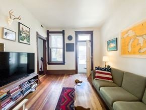 Chicago apartment for rent - A living room with a couch, television, and a rug.