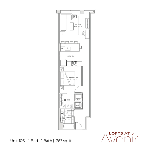 Floor plan for 1 bed, 1 bath, 762 sqft