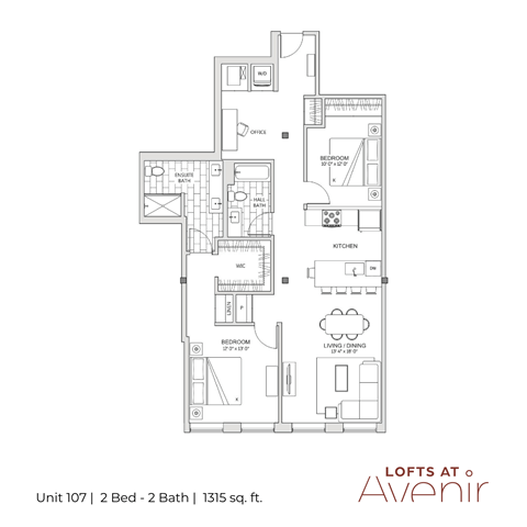 Floor plan for 2 beds, 2 baths, 1315 sqft