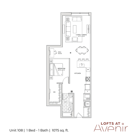 Floor plan for 1 bed, 1 bath, 1075 sqft