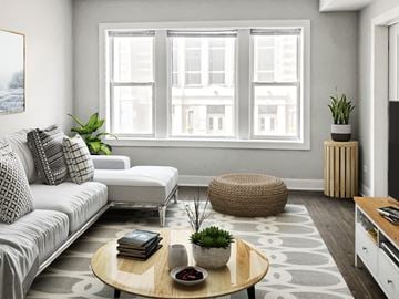 Chicago apartment for rent - a living room with a couch and a coffee table