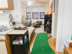 Chicago apartment for rent - a small kitchen with a green rug in front of a living room