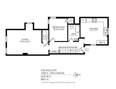 Floor plan for 1 bed, 1 bath, 830 sqft