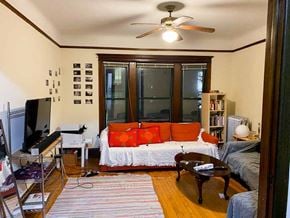 Chicago apartment for rent - A living room with a couch, a television, a coffee table, and a rug.