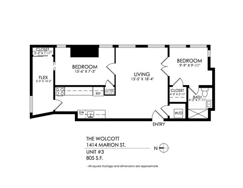Floor plan for 2 beds, 1 bath, 1035 sqft