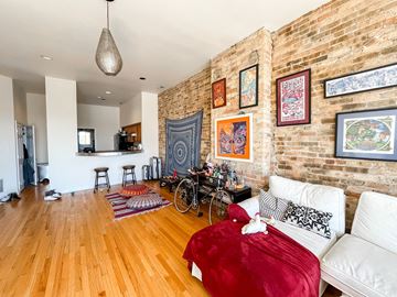 Chicago apartment for rent - A living room with a red couch and a white couch.