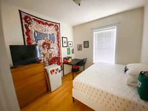 Chicago apartment for rent - A bedroom with a bed, a dresser, a fridge, a TV, a table and a wall hanging.