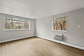 Denver apartment for rent - A room with a window showing trees outside and a wall-mounted air conditioner.