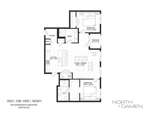 Floor plan for 2 beds, 2 baths