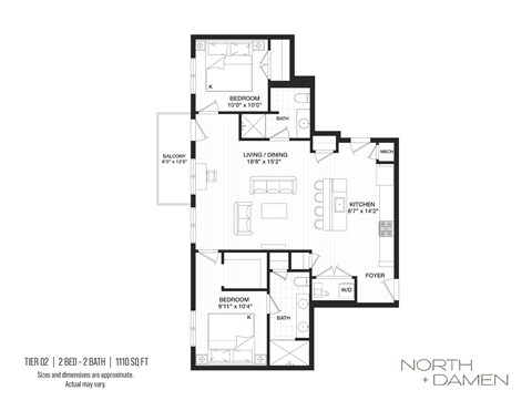 Floor plan for 2 beds, 2 baths
