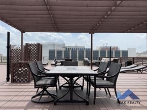 Chicago apartment for rent - a table and chairs on a roof terrace with a view of the city