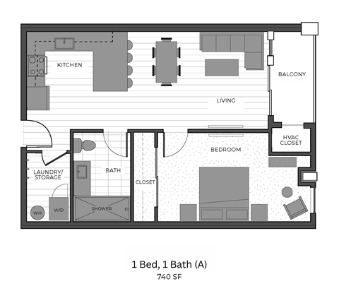 Floor plan for 1 bed, 1 bath, 843 sqft