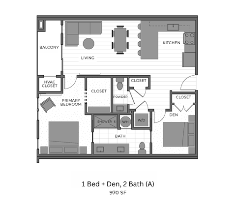 Floor plan for 1 bed, 2 baths, 970 sqft