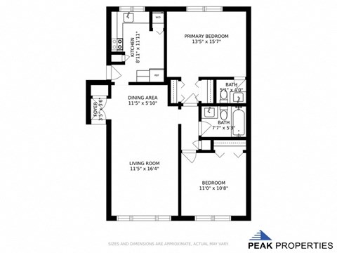 Floor plan for 2 beds, 1.5 baths, 750 sqft