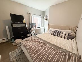 Chicago apartment for rent - A bedroom with a large bed and a television.