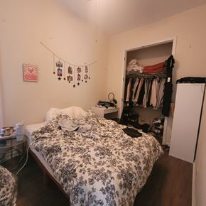 Chicago apartment for rent - A bedroom with a bed, a clothing rack, and a wall hanging.