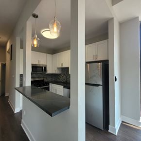 Chicago apartment for rent - a kitchen with white cabinets and a stainless steel refrigerator