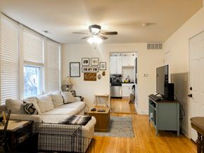 Chicago apartment for rent - A living room with a couch, a chair, a table, a television, and a rug.