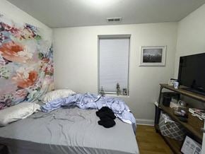 Chicago apartment for rent - A bedroom with a bed, a TV, and a window with blinds.