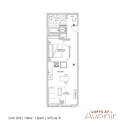 Floor plan for 1 bed, 1 bath