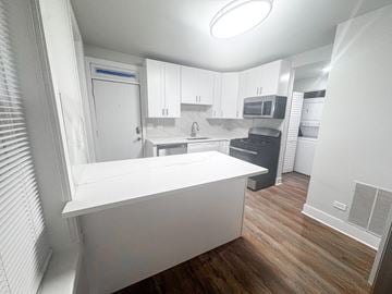 Chicago apartment for rent - A kitchen with white cabinets and a white island.