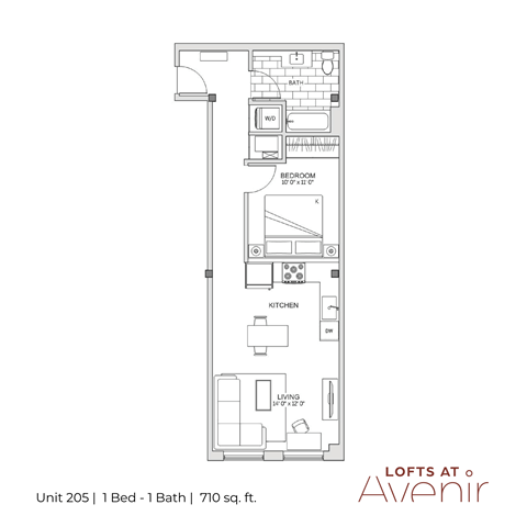 Floor plan for 1 bed, 1 bath, 710 sqft