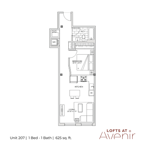 Floor plan for 1 bed, 1 bath, 625 sqft