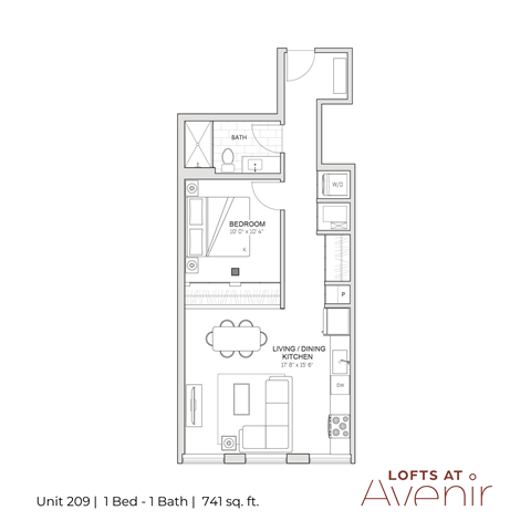 Floor plan for 1 bed, 1 bath, 741 sqft