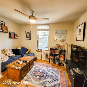 Chicago apartment for rent - A living room with a rug on the floor and a couch with pillows.
