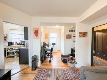 Chicago apartment for rent - A living room with a couch and a striped rug.