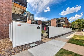 Denver apartment for rent - courtyard entrance with secured entry, pool, and great natural light