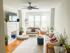 Chicago apartment for rent - A living room with a fireplace, a couch, and a rug.