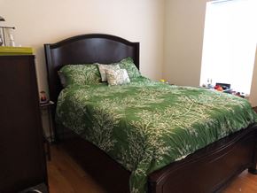 Chicago apartment for rent - a bedroom with a bed with a green comforter and pillows