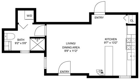 Floor plan for 1 bed, 1 bath, 316 sqft