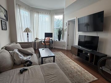 Chicago apartment for rent - A living room with a grey couch and a black television.