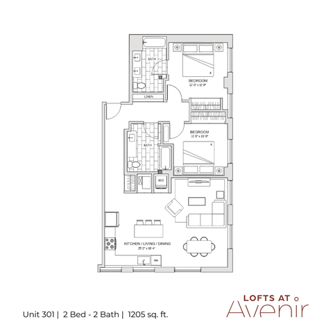 Floor plan for 2 beds, 2 baths, 1205 sqft