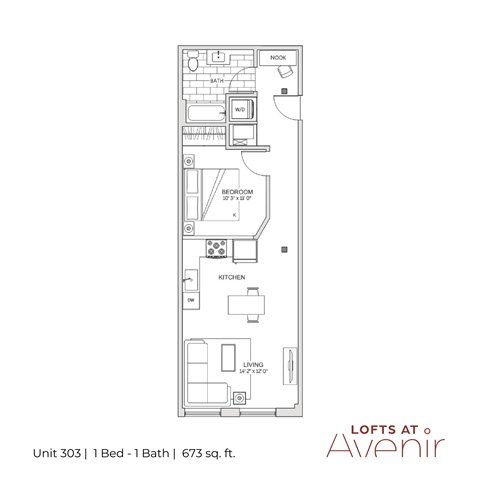 Floor plan for 1 bed, 1 bath, 673 sqft
