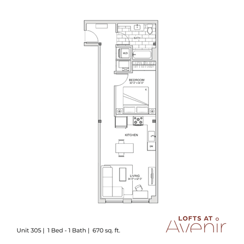 Floor plan for 1 bed, 1 bath, 670 sqft